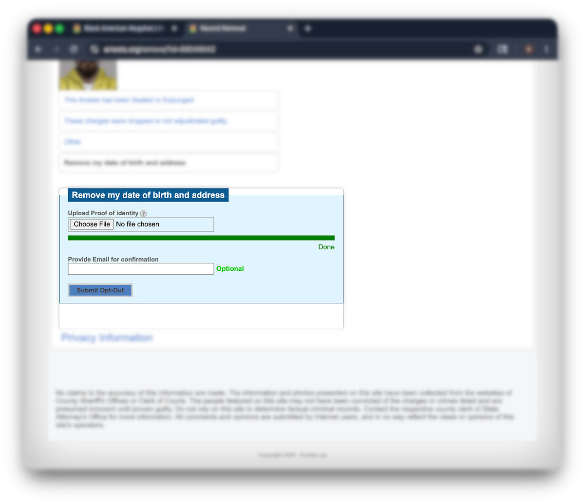 Arrest.org opt out step 5