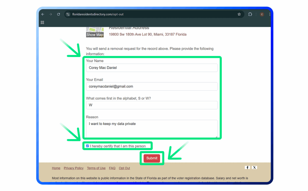 Florida Residents Directory Opt Out step 5