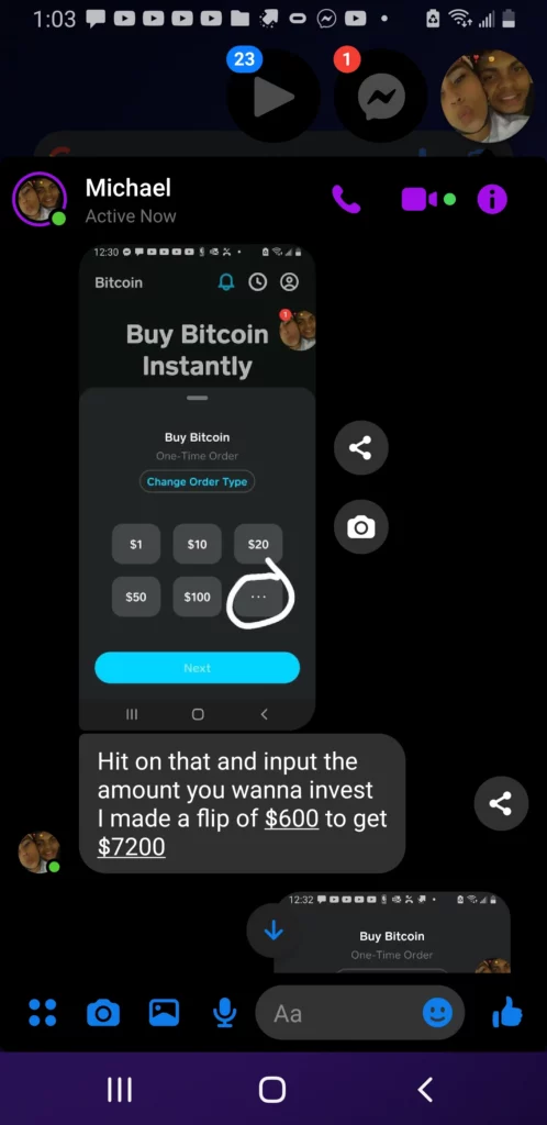 cash app scam - fake btc, bitcoin investment. Sample scam 1