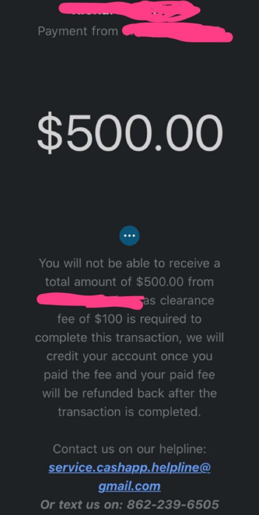 Clearance Fee - cash app scam sample 1