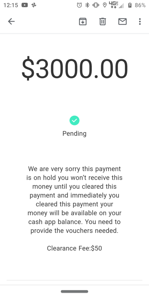 Clearance Fee - cash app scam sample 2