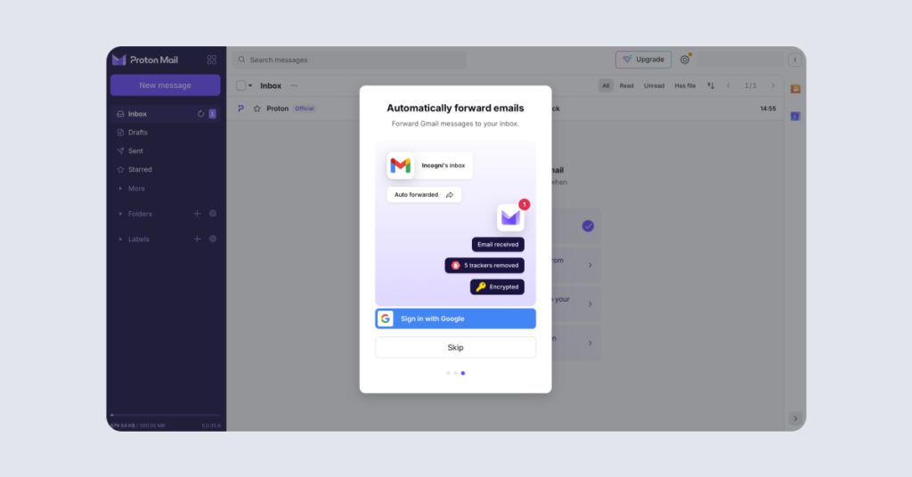 Protonmail Review: Automatic forwarding prompt ProtonMail