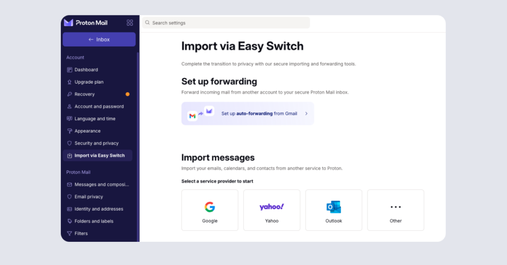 Protonmail Review: EasySwitch forwarding in ProtonMail