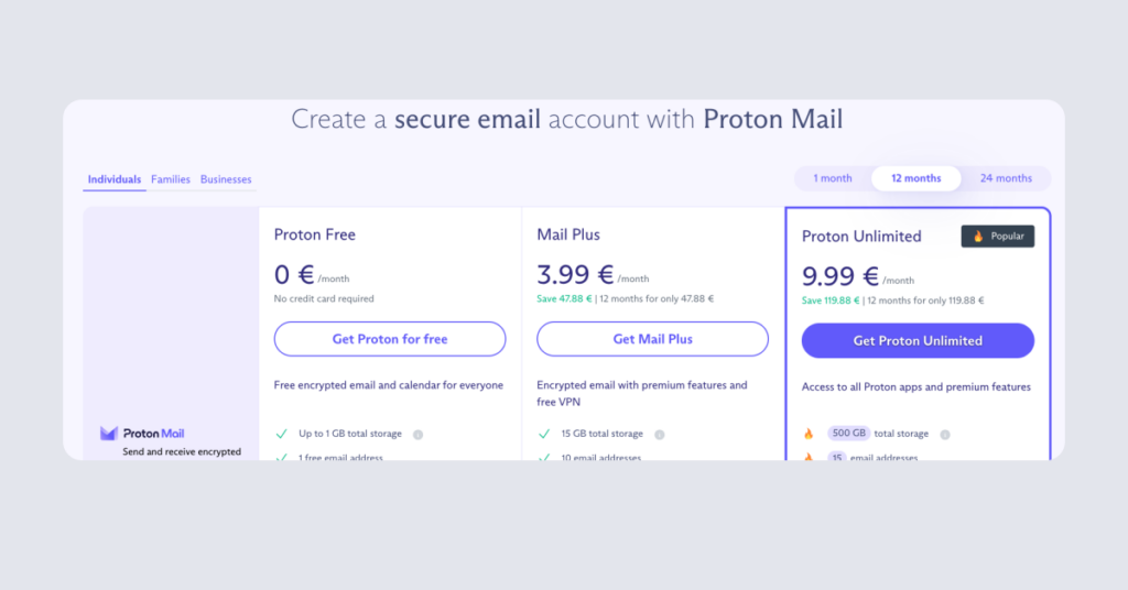 Protonmail Review: Proton Mail plans