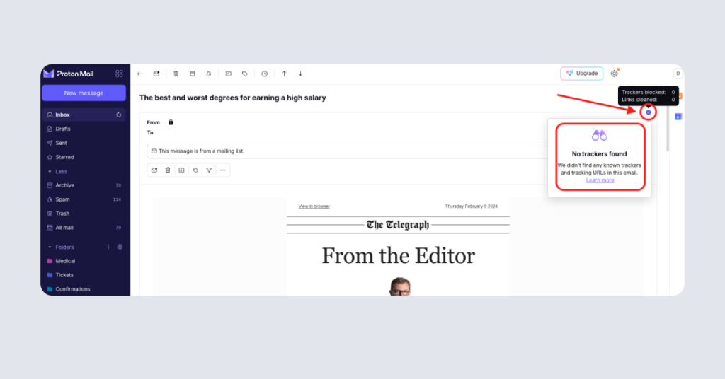 Protonmail Review: Proton Mail trackers blocked