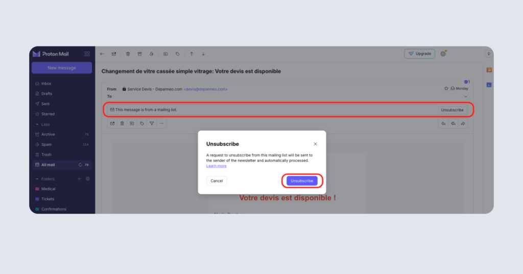 Protonmail Review: Proton Mail unsubscribe button