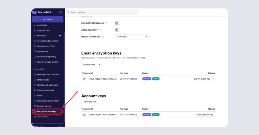 Protonmail Review: encyrption keys in settings